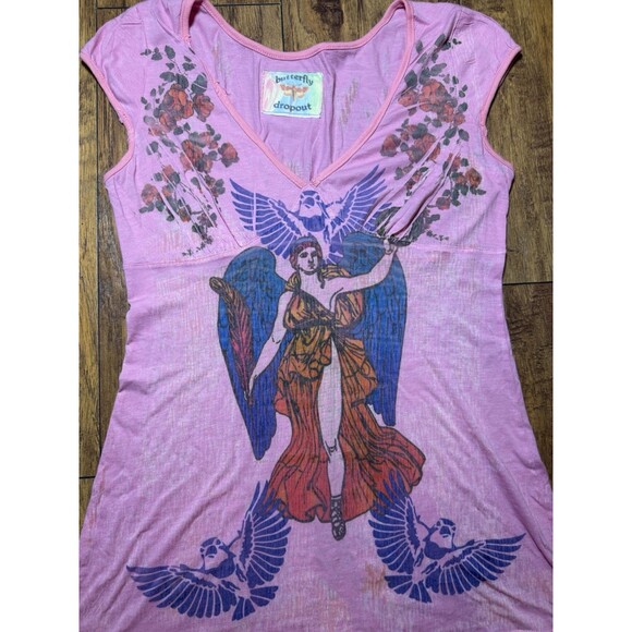 Y2K Butterfly Dropout Foxy People Babydoll Top – Med Pink Tattoo Graphic V-Neck - Picture 5 of 11